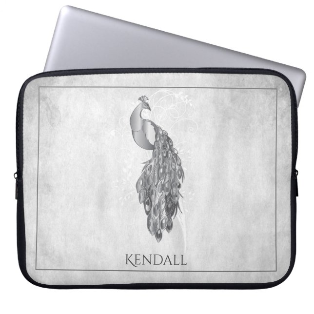 Silver Elegant Peacock-laptophoes op maat Laptop Sleeve (Voorkant)