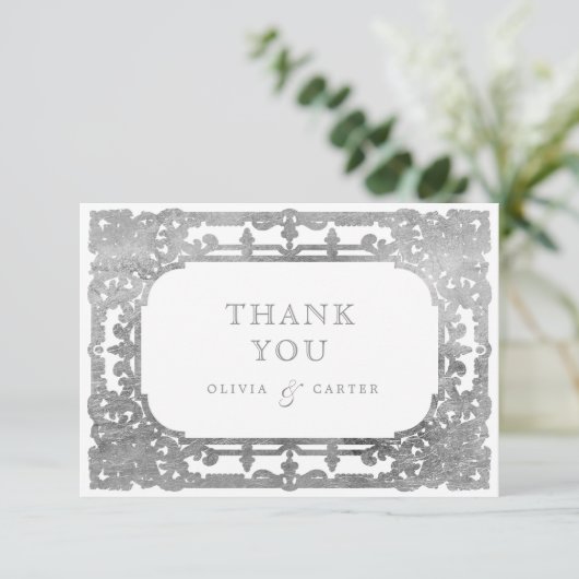 Silver elegant romantisch  vintage bruiloft bedankkaart (Staand voorkant)
