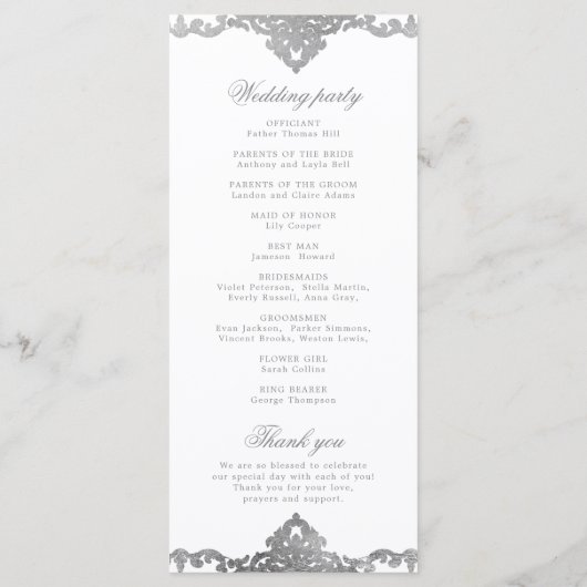 Silver elegant romantisch  vintage bruiloft programmakaart (Achterkant)