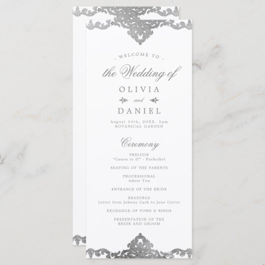 Silver elegant romantisch  vintage bruiloft programmakaart (Voorkant / Achterkant)