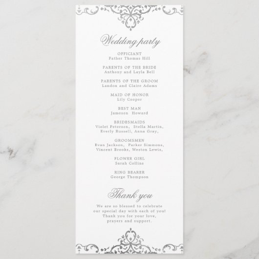 Silver elegant romantisch vintage bruiloft programmakaart (Achterkant)