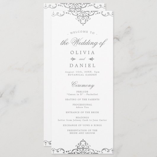 Silver elegant romantisch  vintage bruiloft programmakaart (Voorkant / Achterkant)