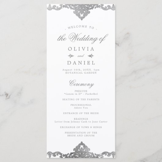 Silver elegant romantisch  vintage bruiloft programmakaart (Voorkant)