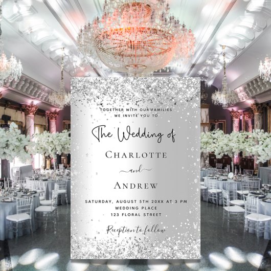 Silver elegant sparkles script bruiloft kaart
