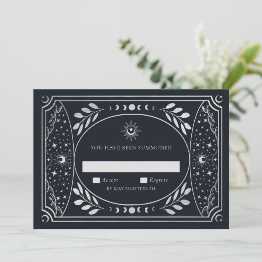 Silver Elegant Tarot Card Wedding RSVP Kaart (Staand voorkant)