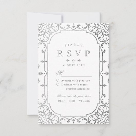 Silver elegant vintage bruiloft RSVP (Voorkant)