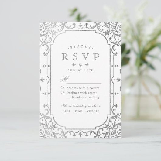 Silver elegant vintage bruiloft RSVP (Staand voorkant)