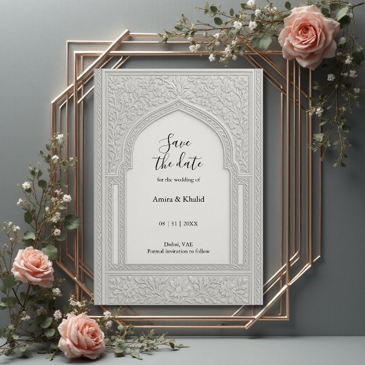 Silver Embossed Floral Arch Wedding save the date Kaart