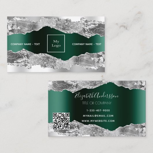 Silver emerald green agate marble logo QR code Visitekaartje (Voorkant / Achterkant)