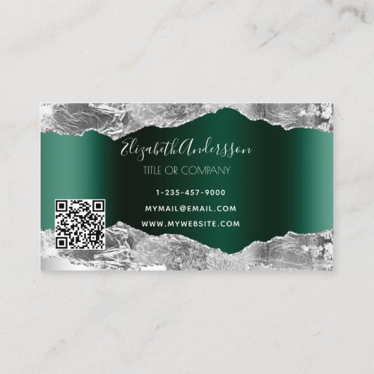 Silver emerald green agate marble logo QR code Visitekaartje (Achterkant)