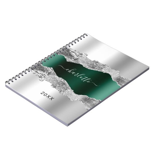 Silver emerald green agate marble name script notitieboek (Linkerzijde)