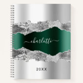 Silver emerald green agate marble name script notitieboek (Voorkant)
