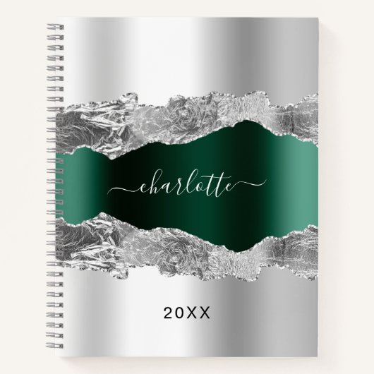 Silver emerald green agate marble name script notitieboek (Voorkant)