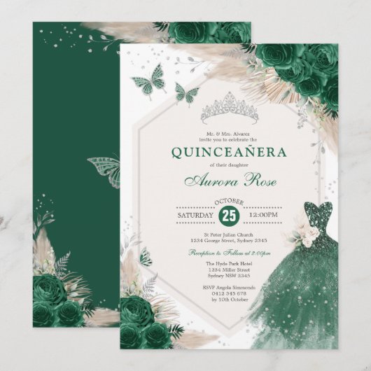 Silver Emerald Green Boho Rozen Quinceañera Party Kaart (Voorkant / Achterkant)
