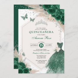 Silver Emerald Green Boho Rozen Quinceañera Party Kaart