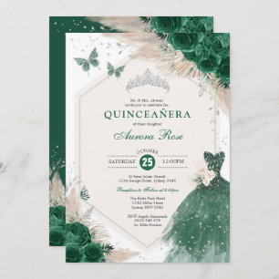 Silver Emerald Green Boho Rozen Quinceañera Party Kaart