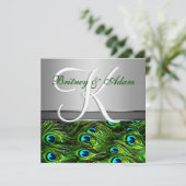 Silver & Emerald Green Peacock Wedding Invitations Kaart (Staand voorkant)