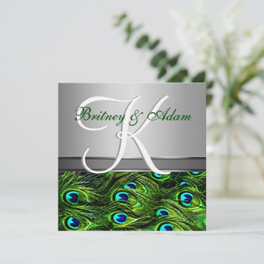 Silver & Emerald Green Peacock Wedding Invitations Kaart (Staand voorkant)