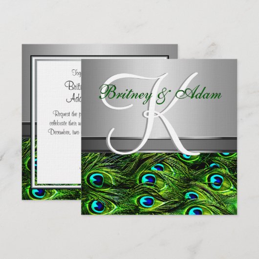 Silver & Emerald Green Peacock Wedding Invitations Kaart (Voorkant / Achterkant)