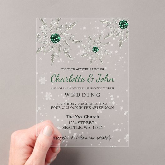 Silver Emerald Green snewflakes Winter Wedding Acryl Uitnodigingen (Insitu (Draagbaar))
