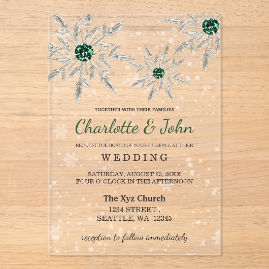 Silver Emerald Green snewflakes Winter Wedding Acryl Uitnodigingen (Voorkant)