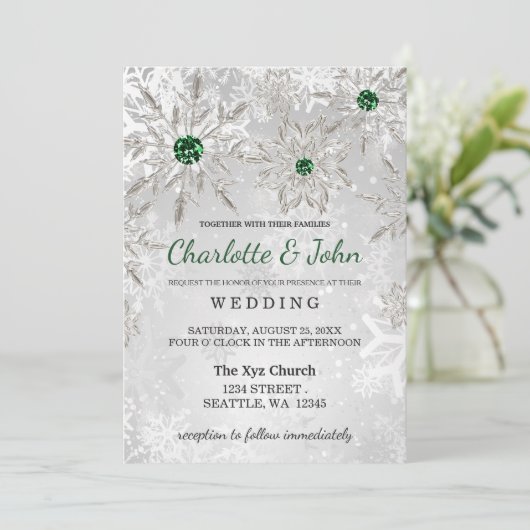 Silver Emerald Green snewflakes Winter Wedding Kaart (Staand voorkant)