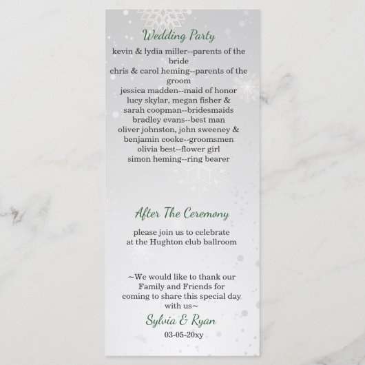 Silver Emerald Green snewflakes winterbruiloft Programmakaart (Achterkant)