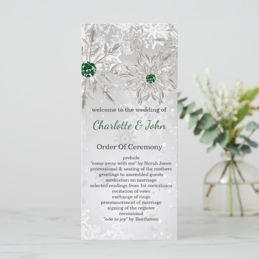 Silver Emerald Green snewflakes winterbruiloft Programmakaart (Staand voorkant)