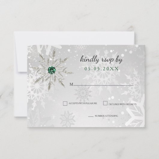 Silver Emerald Green snewflakes winterbruiloft RSVP Kaartje (Voorkant)