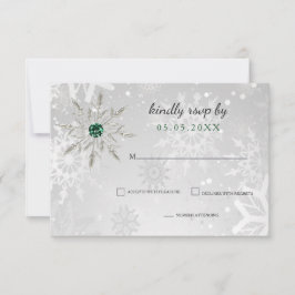 Silver Emerald Green snewflakes winterbruiloft RSVP Kaartje
