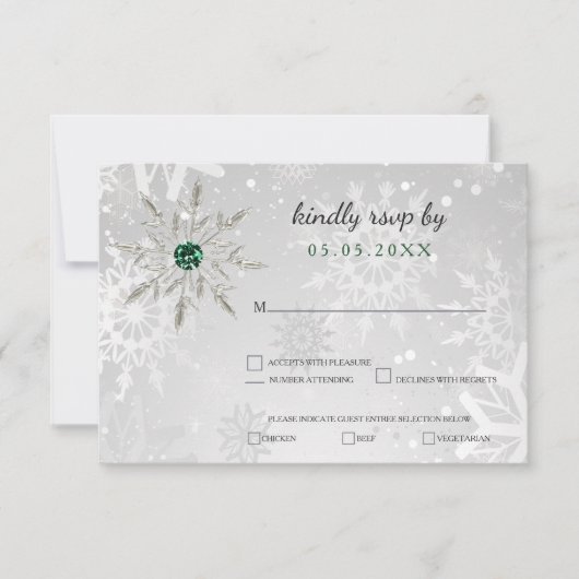 Silver Emerald Green snewflakes winterbruiloft RSVP Kaartje (Voorkant)