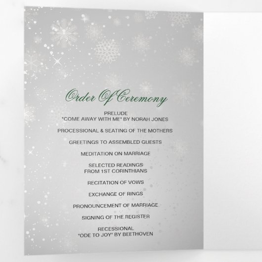 Silver Emerald Green Snowflake Winter Wedding Drieluik Programma (Binnenzijde eerst)