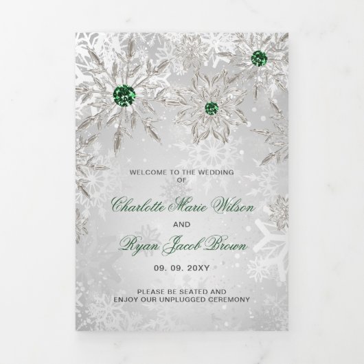 Silver Emerald Green Snowflake Winter Wedding Drieluik Programma (Cover)