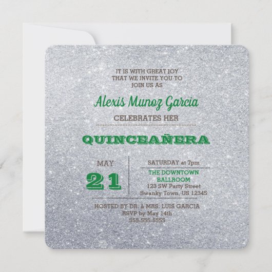 Silver & Emerald Green Sparkly Quinceañera Kaart (Voorkant)