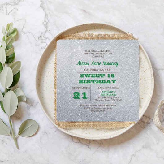 Silver & Emerald Green Sparkly Sweet 16 Uitnodigin Kaart