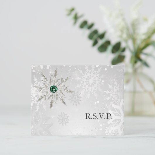 Silver Emerald Snowflakes Winter Wedding rsvp Uitnodiging Briefkaart (Staand voorkant)