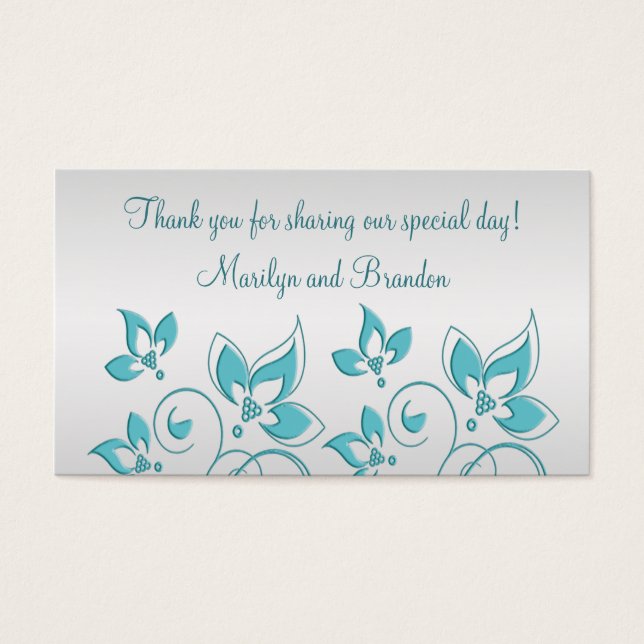 Silver en Aqua Bloemen Bruiloft Favor Label Visitekaartjes (Voorkant)