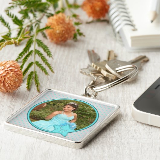 Silver en Aqua Polka Dot Quinceanera Sleutelhanger (Zijkant)