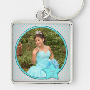 Silver en Aqua Polka Dot Quinceanera Sleutelhanger