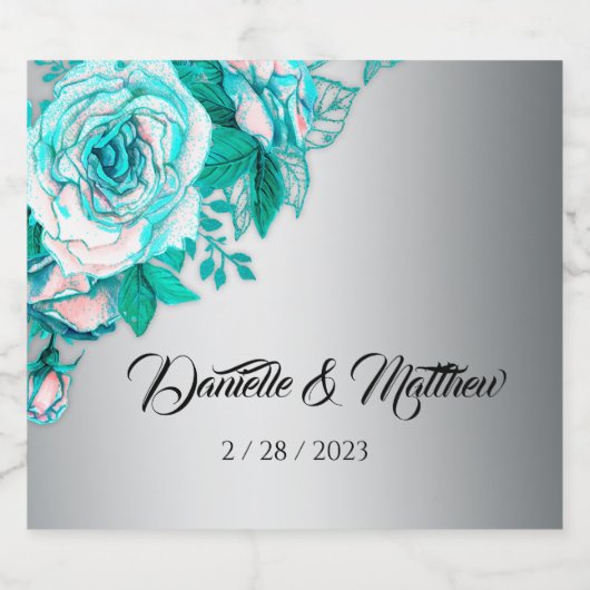 Silver en Aqua Roos bruiloft Sparkling Wijnetiket (Enkel label)