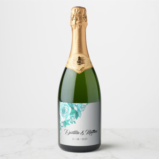 Silver en Aqua Roos bruiloft Sparkling Wijnetiket (Voorkant)