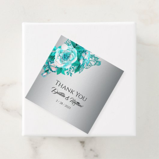 Silver en Aqua Rozen Bruiloft Dank u Bedankjes Labels (In situ)