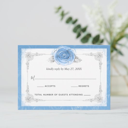 Silver en Bahama Blue Rozen Elegant RSVP-kaart RSVP Kaartje (Staand voorkant)
