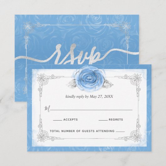 Silver en Bahama Blue Rozen Elegant RSVP-kaart RSVP Kaartje (Voorkant / Achterkant)