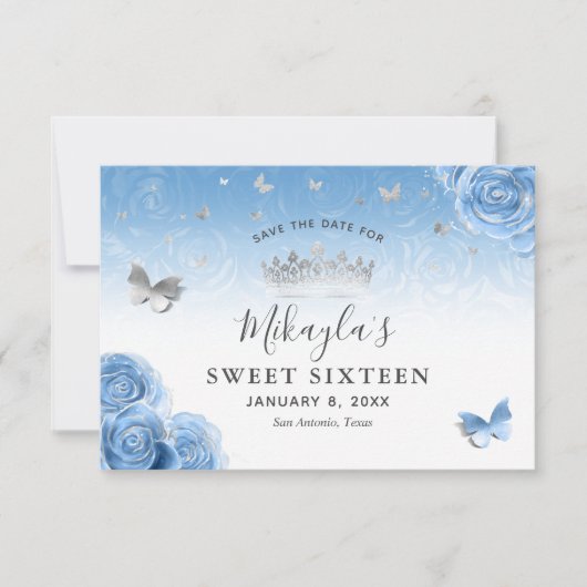 Silver en Bahama Blue Rozen Elegant Save The Date (Voorkant)