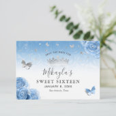Silver en Bahama Blue Rozen Elegant Save The Date (Staand voorkant)