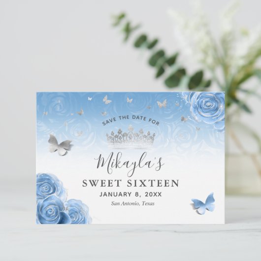 Silver en Bahama Blue Rozen Elegant Save The Date (Staand voorkant)