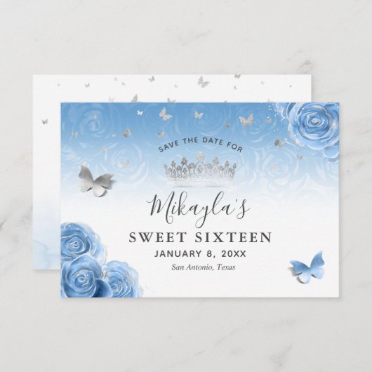 Silver en Bahama Blue Rozen Elegant Save The Date (Voorkant / Achterkant)