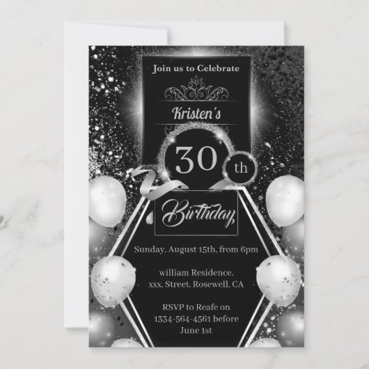 Silver en Black 30th Birthday Invitation Kaart (Voorkant)