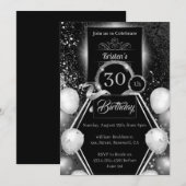 Silver en Black 30th Birthday Invitation Kaart (Voorkant / Achterkant)